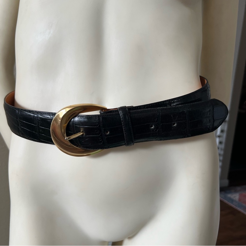 Brighton Black Croc-Embossed Calf Skin Leather Belt Gold Crescent Buckle Large